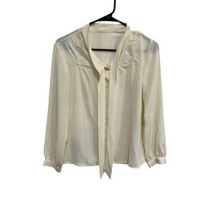 Vintage Cream Sheer Blouse Embroidered Floral Detail Tie Neck